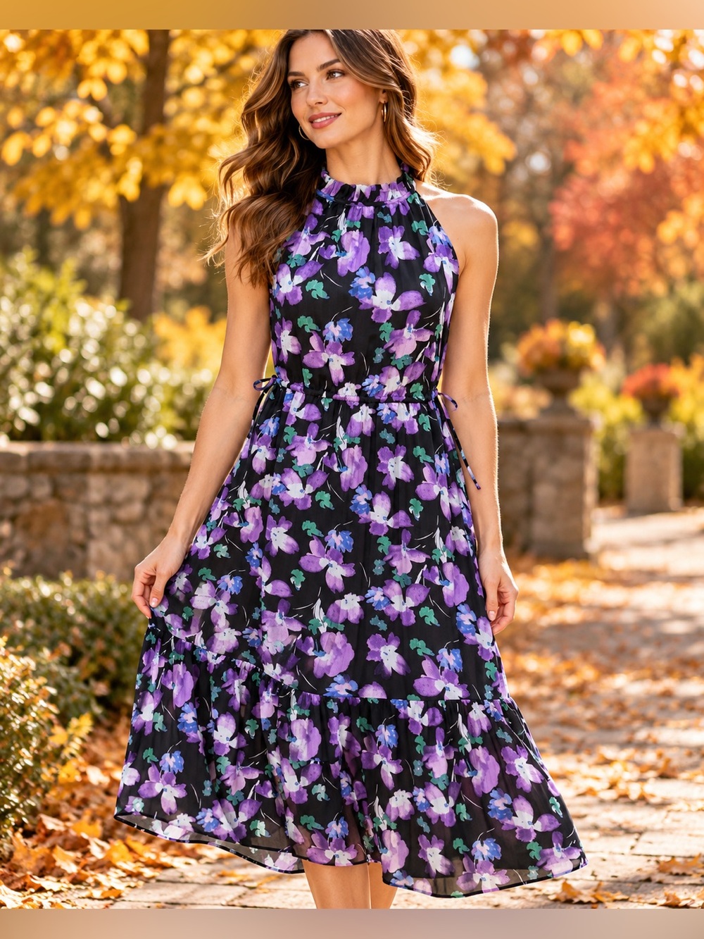 J.Crew Size 4 Black Purple Floral Halter Tiered Maxi Dress